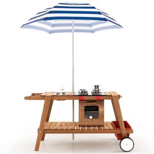 DREAMADE Cuisine d'Extérieur Enfants pour 3 Ans+ en Bois, Jeu d'Imitation Chariot avec Roues, Four, Robinet, Accessoires Inclus, Jouet Multifonctionnel 125x48x160 cm (avec Parasol Bleu) - Publicité