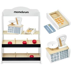 mamabrum Marchande Enfants en Bois, Stand de Vente avec Balance, Terminal, Cartes de Chiffres et Fruits, Stand de marché avec Accessoires. Conforme en & CE - Publicité