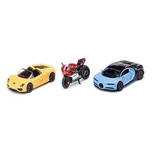 SIKU 6313, Voiture de Sport et Moto, Métal/Plastique, jaune/rouge/bleu, intérieur rouge, peut être combiné avec les modèles jouets  de la même échelle - Publicité
