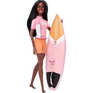 Barbie Sport Tokyo 2020, Coffret Surf, poupée articulée Brune avec Maillot de Bain, Veste des Jeux Olympiques et Accessoires, Jouet pour Enfant, GJL76 - Publicité