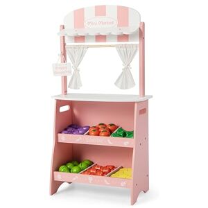 COSTWAY Marchande Enfant en Bois avec Auvent Mignon, Stand de Marché avec 36 Légumes et Fruits, Panneau Publicitaire & Rideaux en Tissu, Jouet pour Enfants de 3 Ans+, 45x24x86cm (Rose, Petit)… - Publicité