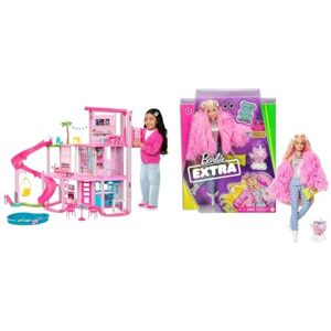 Barbie Coffret Maison de Rêve Poupée Mannequin, Design en Spirale sur 3 Niveaux, 10 Espaces de Vie Inclus Piscine, Toboggan, et Ascenseur & Extra poupée articulée Blonde au Look Tendance et Oversize - Publicité