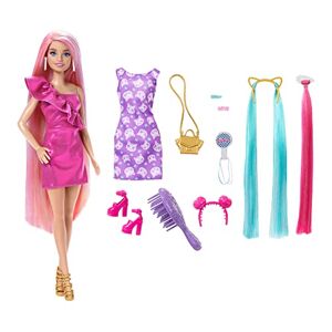 Barbie ® Fun & Fancy Hair Poupée avec Cheveux blonds colorés Extra-Longs et Robe Rose Brillante Ainsi Que 10 Accessoires de Mode et de Coiffure, JDC85 - Publicité