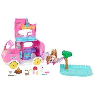 Barbie Coffret 2-en-1 Camping Car, Poupée Mannequin Chelsea avec Véhicule Transformable en Campement, Comprend 2 Animaux Et 15 Accessoires Thématiques, Jouet pour Enfant de 3 Ans et Plus, HNH90 - Publicité