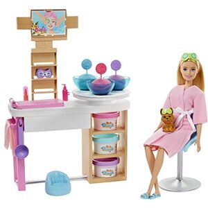 Barbie Bien-être Coffret Journée au Spa avec poupée Blonde, Salon de beauté, Figurine Chiot et Plus de 10 Accessoires, Jouet pour Enfant, GJR84 - Publicité