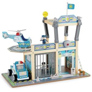 Hape Sustainable Wood Toy, Toy Police Car and Helicopter, Police Station Playset with Battery-Powered Alarms, Policeman, Police Dog, Prisoner. 3 Years + - Publicité