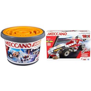 MECCANO Baril 150 Pieces Junior 5 Modèles Différents A Construire & Voiture DE Course 10 MODELES 10 Modèles De Véhicules De Course A Construire Jeu de Construction avec 2 Outils - Publicité