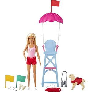 Barbie Métiers Coffret poupée Sauveteuse Blonde en Maillot de Bain avec Chaise de maître-Nageur, Figurine de Chien et Accessoires, Jouet pour Enfant, GTX69 - Publicité