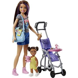 Barbie Famille coffret poupée Skipper baby-sitter et sa poussette avec figurine de fillette brune et accessoires, jouet pour enfant, FJB00 - Publicité