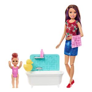 Barbie Famille Coffret Heure du Bain poupée Skipper Baby-Sitter aux Cheveux châtains et Figurine d'enfant, Accessoires Inclus, Jouet pour Enfant, FXH05 - Publicité