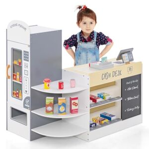 DREAMADE Ensemble de Jeu d'Épicerie en Bois pour Enfants 3-8 Ans, Jeu de Supermarché, Caisse Enregistreuse, Distributeur Automatique, 13 Aliments & Accessoires, Tableau Noir (Blanc) - Publicité