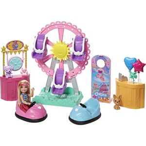 Barbie Famille Coffret Chelsea Fête Foraine, mini-poupée blonde, figurine chiot, 5 zones de jeu dont une grande roue, jouet pour enfant, GHV82 - Publicité