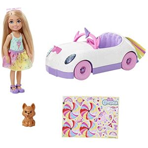 Barbie Famille Mini-poupée Chelsea avec Voiture décapotable Licorne, Figurine de Chiot, Autocollants et Accessoires, Jouet pour Enfant, GXT41 - Publicité