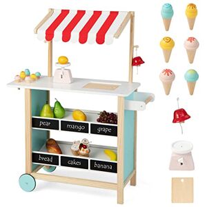 DREAMADE Chariot de Crème Glacée Enfants avec 6 Jouets à Cône,Stand de Marchand Enfants en Bois avec Etagère et Tableau Noir ,Jeux d’Imitation & Educatifs,Balance et Sonnerie pour 3 an+ - Publicité