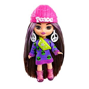 Barbie Mini Poupée Extra, Cheveux Bruns avec Robe Pull Alien, vêtements et Accessoires Portant Le Symbole de la Paix, Jouet Enfant, Dès 3 Ans, HLN46 - Publicité