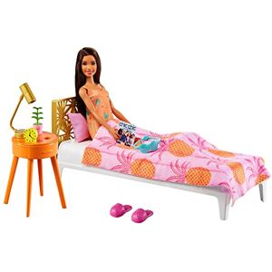 Barbie Mobilier Coffret Chambre avec poupée Brune en Pyjama, lit et Accessoires, Jouet pour Enfant, GRG86 - Publicité