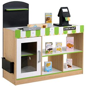 WOOMAX Supermarché Bois avec Accessoires Tente comptoir lumière, Sons, Caisse enregistreuse, Tableau pour Enfants 3 Ans Jouet éducatif (85386), Marron - Publicité