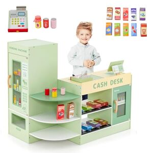 COSTWAY Épicerie Enfants en Bois avec 13 Accessoires & Distributeur Automatique, Marchande Enfants avec Caisse Enregistreuse Réaliste & 5 Étagères, Jeu d’Imitation pour Enfants de 3-8 Ans - Publicité