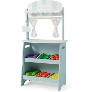 COSTWAY Marchande Enfant en Bois avec Auvent Mignon, Stand de Marché avec 36 Légumes et Fruits, Panneau Publicitaire & Rideaux en Tissu, Jouet pour Enfants de 3 Ans+, 45x24x86cm (Bleu, Petit)… - Publicité