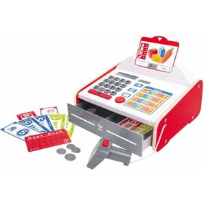 Hape Jeu Caisse Enregistreuse Enfants Enfants 3 ans et Plus Inclus Trois d’écran, Une Feuille d’Autocollants, Une Carte bancaire, Pièces Jeu d'Imitation Courses Motricité Fine, Langage - Publicité