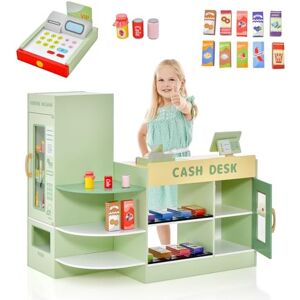 DREAMADE Ensemble de Jeu d'Épicerie en Bois pour Enfants 3-8 Ans, Jeu de Supermarché, Caisse Enregistreuse, Distributeur Automatique, 13 Aliments & Accessoires, Tableau Noir (Vert) - Publicité