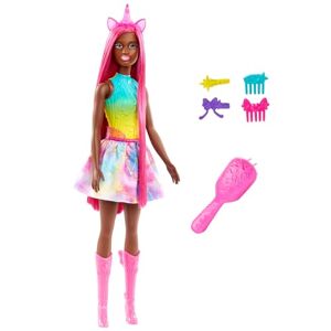 Barbie Licorne avec Cheveux Fantaisie Magenta de 18 cm de Long et Accessoires colorés pour s’Amuser à coiffer, Un Serre-tête et Une Queue de Licorne, HRR01 - Publicité