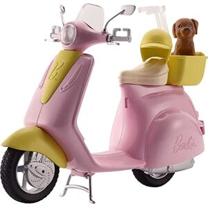 Barbie Mobilier Scooter, moto rose pour poupées, fournie avec casque et panier jaune et figurine de chien, jouet pour enfant, FRP56 - Publicité