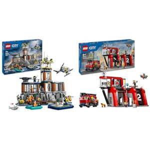 Lego City La Prison de la Police en Haute Mer, Jouet avec Hélicoptère et Bateau & City La Caserne et Le Camion de Pompiers, Jouet de Figurine de Chien et 5 Minifigurines - Publicité