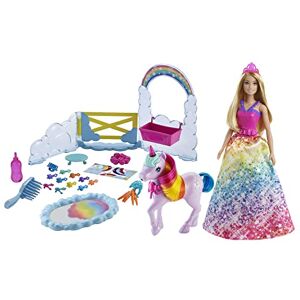 Barbie Coffret Poupée Royal Dreamtopia Et Bébé Licorne, Tapis Magique avec Changement Couleur, 2 Brosses Et 10 Accessoires Coiffure Inclus, Jouet Enfant, A Partir De 3 Ans, GTG01 - Publicité