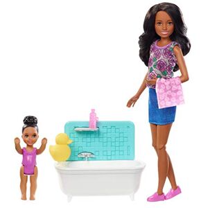 Barbie Famille Coffret Heure du Bain poupée Skipper Baby-Sitter Brune et Figurine d'enfant, Accessoires Inclus, Jouet pour Enfant, FXH06 - Publicité