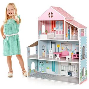 COSTWAY Maison de Poupées en Bois avec 8 Meubles 3 Étages et 6 Pièces Salle de Jeux Jouets pour Enfant de 3 à 7 Ans 71 x 23,5 x 87 cm Multicolore - Publicité