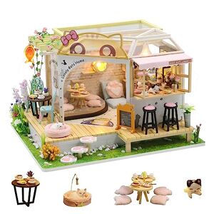 HJBHDOLL Kit de maison de poupée miniature pour chat avec lumière LED, échelle 1:24, faite à la main, pour chat, café, jardin, maison de poupée, cadeau d'anniversaire créatif pour adolescents, enfants - Publicité
