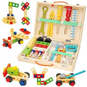 Withosent Caisse à Outils Enfant, 34 Pièces Jouets en Bois Boite a Outil Enfant, DIY Jeux de Construction Enfant pour Garçons Filles de 3 Ans - Publicité