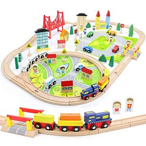 Symiu Train en Bois Jouet Circuit Voiture Enfant 82 Pcs Maquette Construction Rail Train Bois Jouet pour Enfant Garçons Filles 3 4 5 6 Ans - Publicité