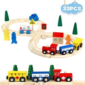 Tiny Land 55 Pcs Circuit Train en Bois, Train Enfant with Grue