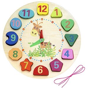 Johotone Puzzles en Bois Horloge Apprentissage Jouet Horloge Éducative en Bois avec Corde et Chiffres et Formes pour Bambin Bébé Enfants - Publicité