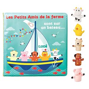 Ludi Livre d'éveil en plastique pour jouer à l'heure du bain. Dès 10 mois. 5 marionnettes de doigts : mouton, cochon, chien, canari et vache. Facile à nettoyer. Développe le langage 40017 - Publicité