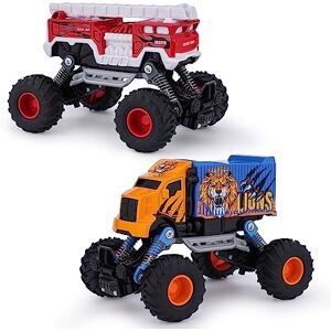 VBACALA Monster Camion Pompier et Camion Lion 2 pièces Camion de Pompier Monstertruck Jouets énormes Roues Le Cast Big Monster Truck Boy Pull Voiture pour Les Enfants de 3 Ans Anniversaire - Publicité