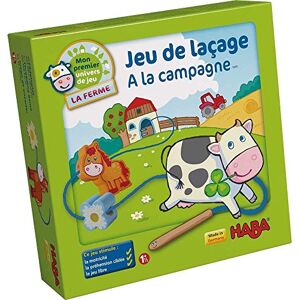 HABA 5895 Mon premier univers de jeu La ferme Jeu d'enfilage  à la ferme avec 10 figurines de laçage en bois et 4 modèles (Fabriqué en Allemagne) - Publicité