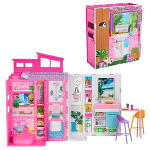 Barbie Maison de vacances Coffret avec poupée, avec 4 zones de jeu dont une cuisine, une salle de bains, une chambre et un salon, 11 accessoires de décoration, HRJ76 - Publicité