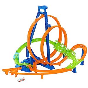 Hot Wheels , Coffret Looping multi crash, circuit avec 5 zones de carambolage, propulseur motorisé et 1 voiture  échelle 1/64, rangement facile, HNL97 - Publicité