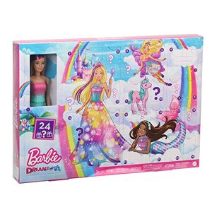 Barbie Calendrier de l'Avent Dreamtopia fourni avec poupée blonde en maillot de bain dégradé et 24 accessoires surprises, jouet pour enfant, GJB72 - Publicité