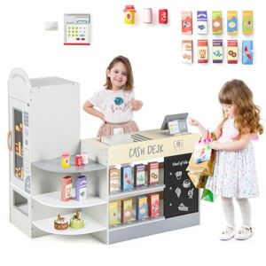 COSTWAY Épicerie Enfants en Bois avec 15 Accessoires & Distributeur Automatique, Marchande Enfants avec Caisse Enregistreuse Réaliste & Tableau Noir, Jeu d’Imitation pour Enfants de 3-8 Ans (Gris) - Publicité