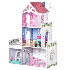HOMCOM Maison de poupée 3 étages Jeu d'imitation avec 13 Accessoires Grand réalisme Multi-équipements MDF Rose - Publicité