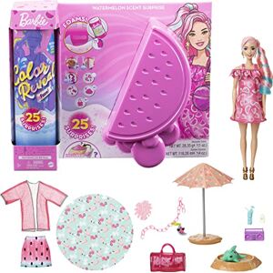 Barbie Color Reveal avec Mousse parfumée, poupée et Animal avec 25 éléments mystère Dont 19 sachets Surprise, Thème Pastèque, Jouet pour Enfant, GTN19 - Publicité