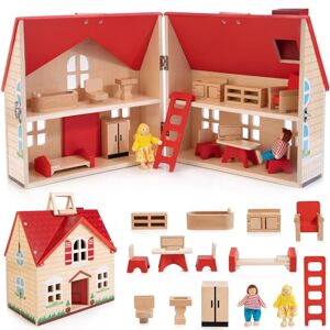 WOODMAM Maison de poupée en bois pour enfants à partir de 3 ans 31,8 x 20 x 33 cm avec meubles et figurines Dollhouse Jouet Cadeau pour fille, DH01 - Publicité