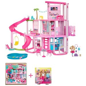 Barbie Lot Coffret Maison de Poupée Maison De Rêve (HMX10) + Mini-Poupée ​Chelsea Blonde Voyage (FWV20), Design Spirale, 10 Espaces De Vie, Accessoires, Chien, Jouet Enfant, Dès 3 Ans, - Publicité