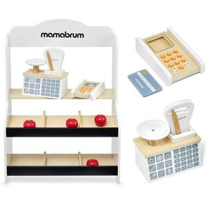 Non communiqué Mamabrum Marchande Enfant en bois 67 *46,5 *22 cm - Stand Vendeur Balance, Terminal avec Carte & 4 Pommes - Couleurs Ecologiques - Publicité