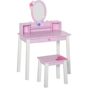 Homcom Toeletta per Bambine +3 Anni in Legno, Set Tavolo da Trucco Giocattolo con Specchio e Sgabello, Rosa