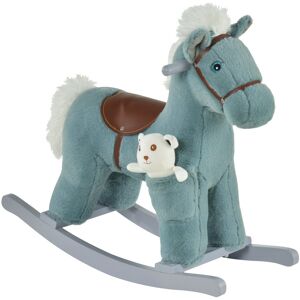 Homcom Cavallo a Dondolo in Peluche e Legno con Suoni e Orsetto Incluso, per Bimbi da 18-36 Mesi, 65x26x55cm, Blu